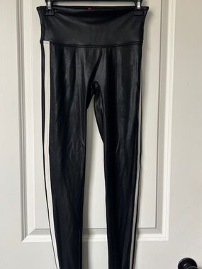 SPANX Black Leggings with Cream Side Stripe